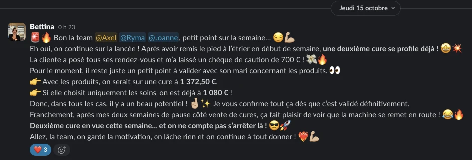 Capture d'écran : Bettina, sur notre canal Slack, octobre 2026